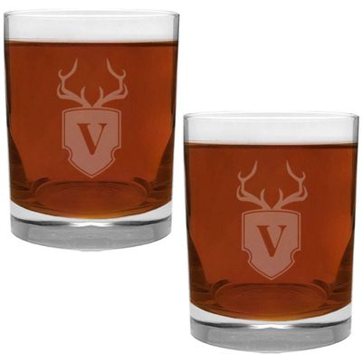 2 Piece Glass Set Engraved with Antler and Shield V-Letter Monogram, 13.5-Ounce