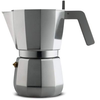 Alessi Moka, Espresso coffee maker in aluminium casting. Handle and knob in PA, grey. Magnetic steel bottom suitable for induction cooking. Filter for American coffee included. 9 cups.