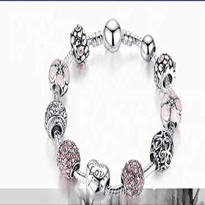 Bansriracha Antique Silver Charm Bracelet & Bangle with Love and Flower Beads Women Wedding Jewelry 4 Colors 18CM 20CM 21CM (21)