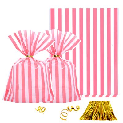 Clear Plastic Cellophane Treat Bags - Pink Stripes Party Favors Cello Bags Wedding Baby Shower Girls Birthday Carnival Party Cookie Candy Treat Favors Bags, 100pc