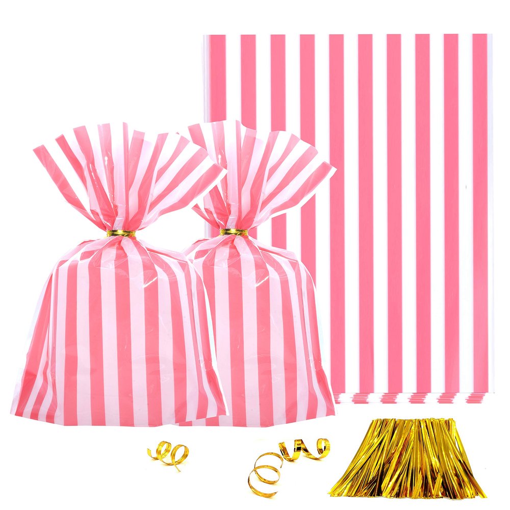 Clear Plastic Cellophane Treat Bags - Pink Stripes Party Favors Cello Bags Wedding Baby Shower Girls Birthday Carnival Party Cookie Candy Treat Favors Bags, 100pc