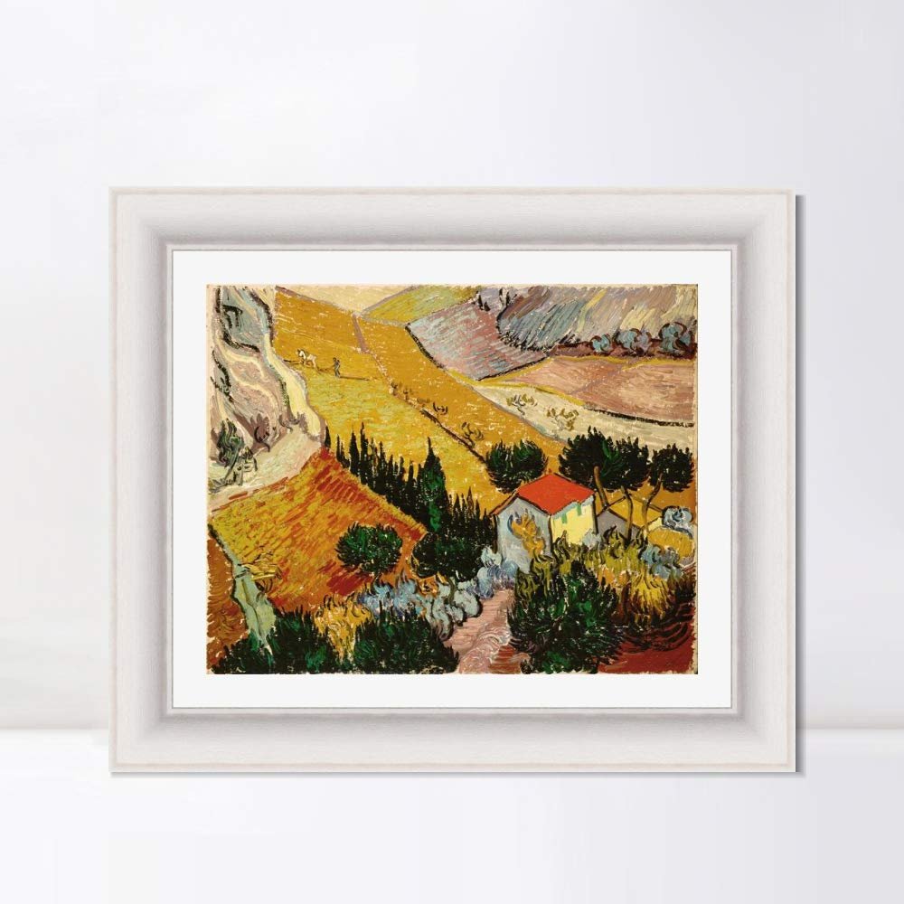 INVIN ART Framed Canvas Art Giclee Print Valley with Ploughman Seen from Above by Vincent Van Gogh Wall Art Living Room Home Office Decorations(Modern Simple White Frame with Mat,20"x24")