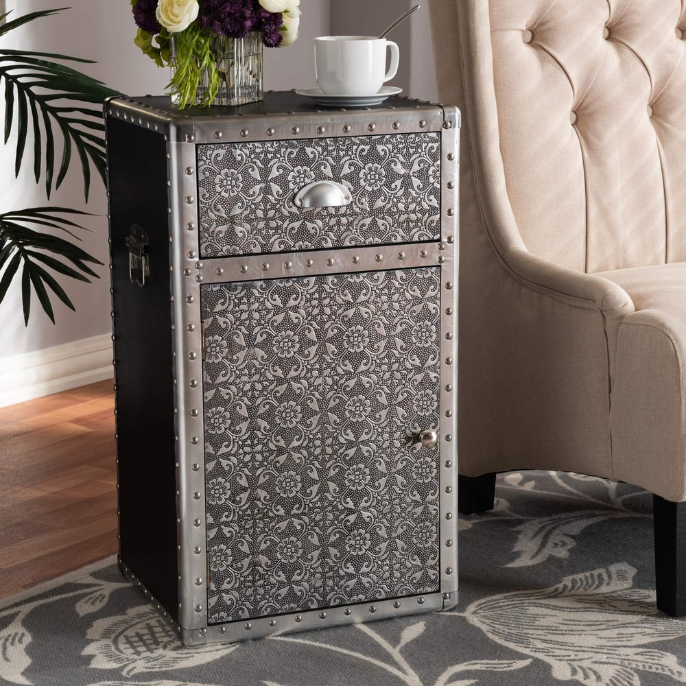Baxton Studio Cosette Vintage Industrial Silver Metal Floral Accent Cabinet