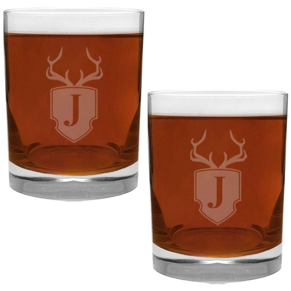 2 Piece Glass Set Engraved with Antler and Shield J-Letter Monogram, 13.5-Ounce