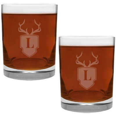 2 Piece Glass Set Engraved with Antler and Shield Letter L-Monogram, 13.5-Ounce