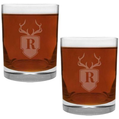 2 Piece Glass Set Engraved with Antler and Shield R-Letter Monogram, 13.5-Ounce
