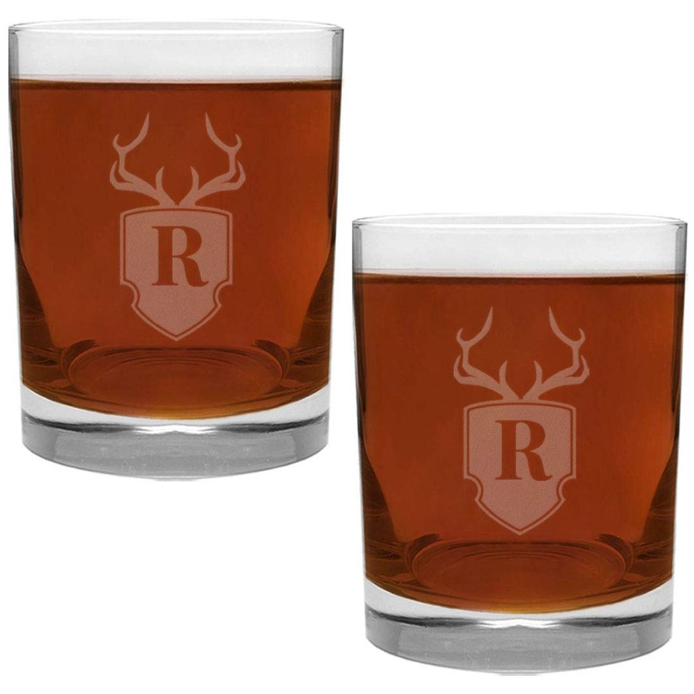 2 Piece Glass Set Engraved with Antler and Shield R-Letter Monogram, 13.5-Ounce