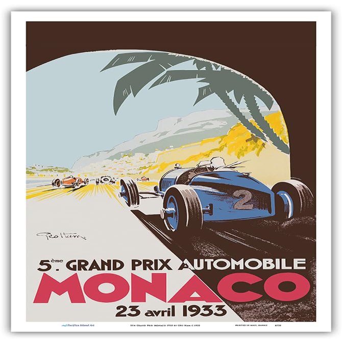 5th Grand Prix Monaco 1933 - Auto Racing - Vintage Sports Poster by Go Ham (Georges Hamel) c.1933 - Master Art Print (Unframed) 12in x 18in