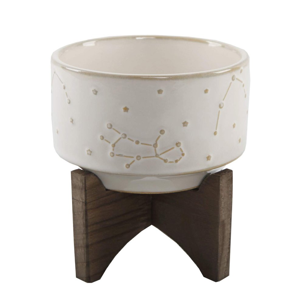 Flora Bunda 4 Inch Constellation Ceramic Pot on Wood Stand Mid Century,Ivory 4"