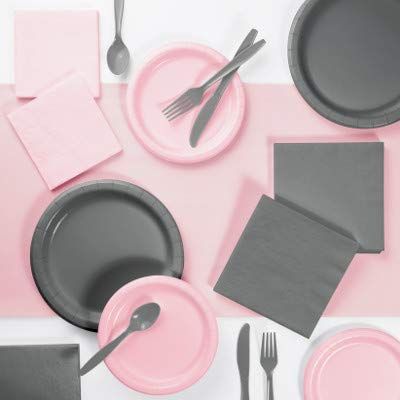 Light Pink and Gray Party Decorations, Color Disposable Plates, Napkins, Cups, and Cutlery for 24 People, Box of 245 Pieces