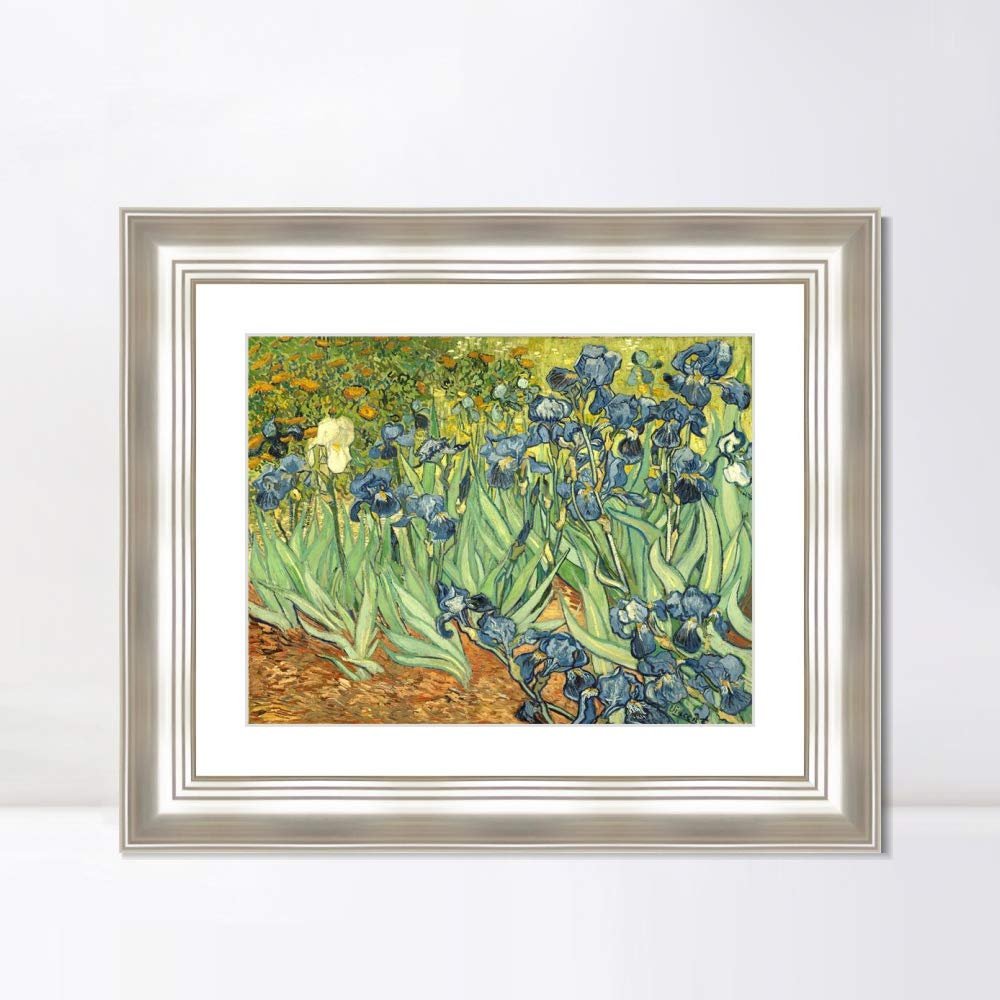 INVIN ART Framed Canvas Art Giclee Print Irises 1890 by Vincent Van Gogh Wall Art Living Room Home Office Decorations(Classic Silver Frame with Mat,20"x24")