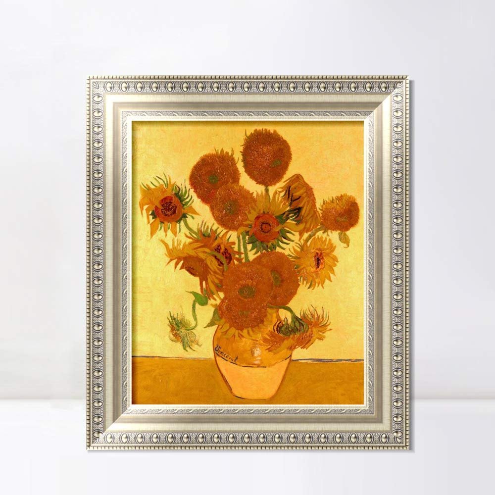 INVIN ART Framed Canvas Art Giclee Print Vase with Fifteen Sunflowers by Vincent Van Gogh Wall Art Living Room Home Office Decorations(European Style Silver Frame,20"x24")