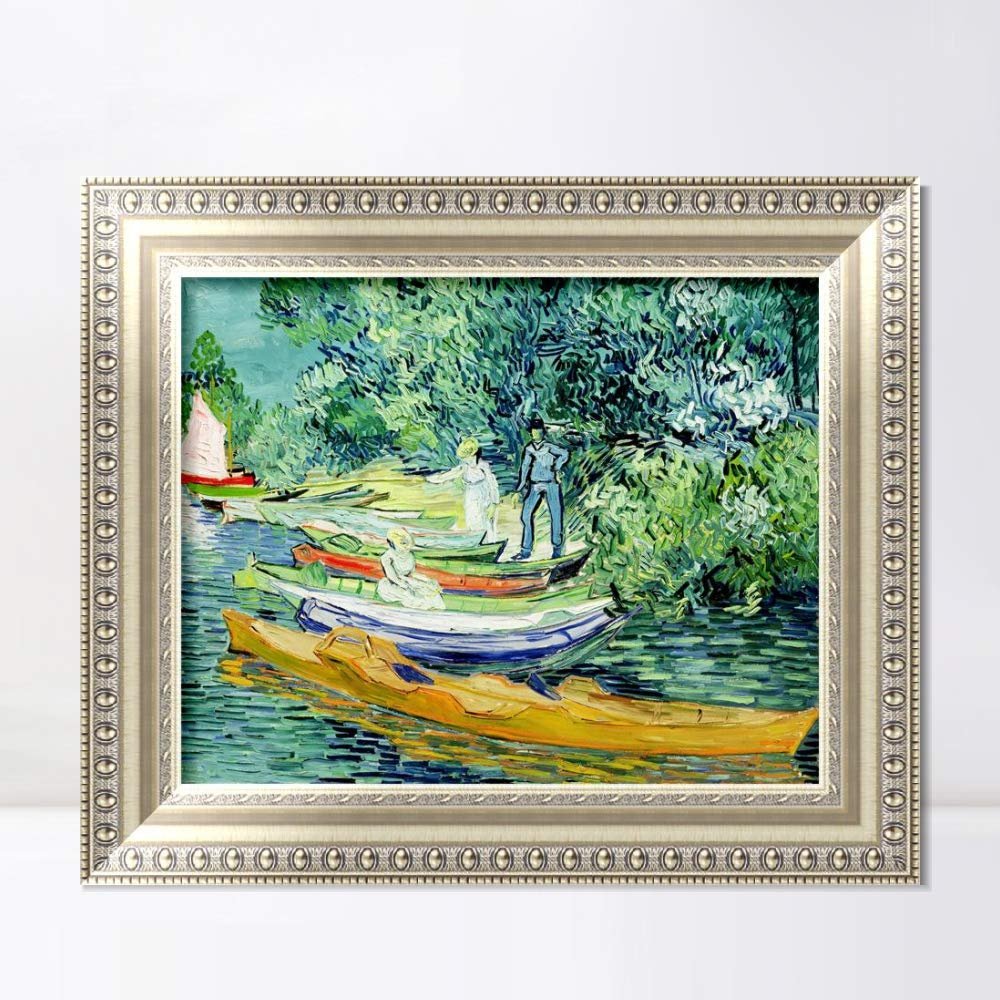 INVIN ART Framed Canvas Art Giclee Print Rowing Boats on The Banks of The Oise, 1890 by Vincent Van Gogh Wall Art Living Room Home Office Decorations(European Style Silver Frame,20"x24")