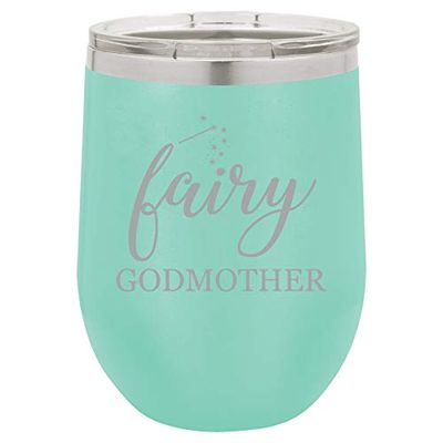12 oz Double Wall Vacuum Insulated Stainless Steel Marble Stemless Wine Tumbler Glass Coffee Travel Mug With Lid Godmother (Turquoise Green Marble)