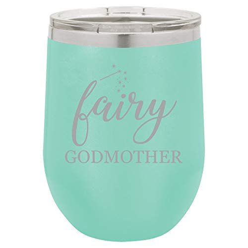 12 oz Double Wall Vacuum Insulated Stainless Steel Marble Stemless Wine Tumbler Glass Coffee Travel Mug With Lid Godmother (Turquoise Green Marble)
