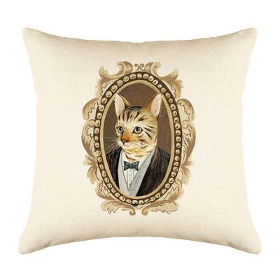 Di Lewis Cat Throw Pillow Cushion Cover - 20x20 - Decorative Vintage Bengal Portrait - Woven Cotton Blend - for Couch Bed Sofa Pillows - Linen Cream