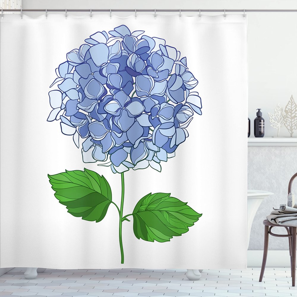 Ambesonne Hydrangea Shower Curtain, Simple Digital Drawn Graphic of Flower Blooms, Cloth Fabric Bathroom Decor Set with Hooks, 69" W x 70" L, Ceil Blue Fern Green