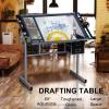 Topeakmart Glass Drafting Table Rolling Drawing Desk Artists Art Craft Desk w/2 Slide Drawers and Wheels for Home Office School view 4