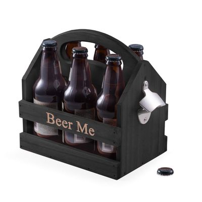Bey-Berk Personalized Solid Wood Beer Caddy (Black), Six-Pack Bottle Carrier with Curved Handle, Built-in Bottle Opener and Custom Laser Etched Front