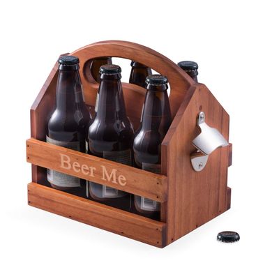 Bey-Berk Personalized Six-Pack Solid Wood Beer Caddy (Brown), Bottle Carrier with Ergonomic Handle and Built-in Bottle Opener, Handcrafted Craft Beer Tote Gift