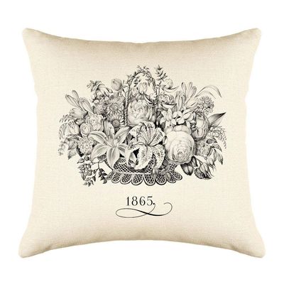 Di Lewis Vintage Floral Throw Pillow Cushion Cover  20x20 - Decorative French Flower Basket 1865 - Woven Cotton Blend  Couch, Bed, Sofa - Linen Cream