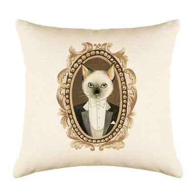 Di Lewis Cat Throw Pillow Cushion Cover - 20x20 - Decorative Vintage Siamese Portrait - Woven Cotton Blend - for Couch Bed Sofa Pillows - Linen Cream