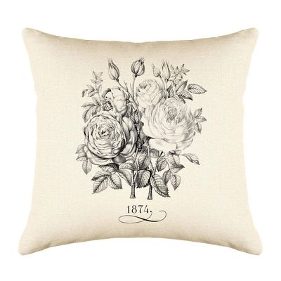Di Lewis Vintage Floral Throw Pillow Cushion Cover - 20x20 - Decorative French Roses 1874 - Woven Cotton Blend  Couch, Bed, Sofa - Linen Cream
