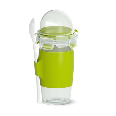 Emsa Clip&Go Yoghurt Mug 450 ml Round with Spoon and Topping Compartment Transparent / Light Green