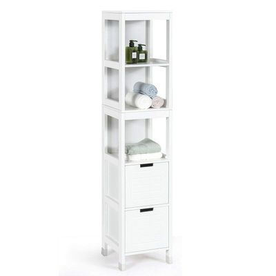 Tangkula Tall Bathroom Storage Cabinet, Freestanding 57" H Tall Slim Bathroom Floor Cabinet with 3 Tier Open Shelves and 2 Drawers, Multifunction Organizer Wooden Tower (White)