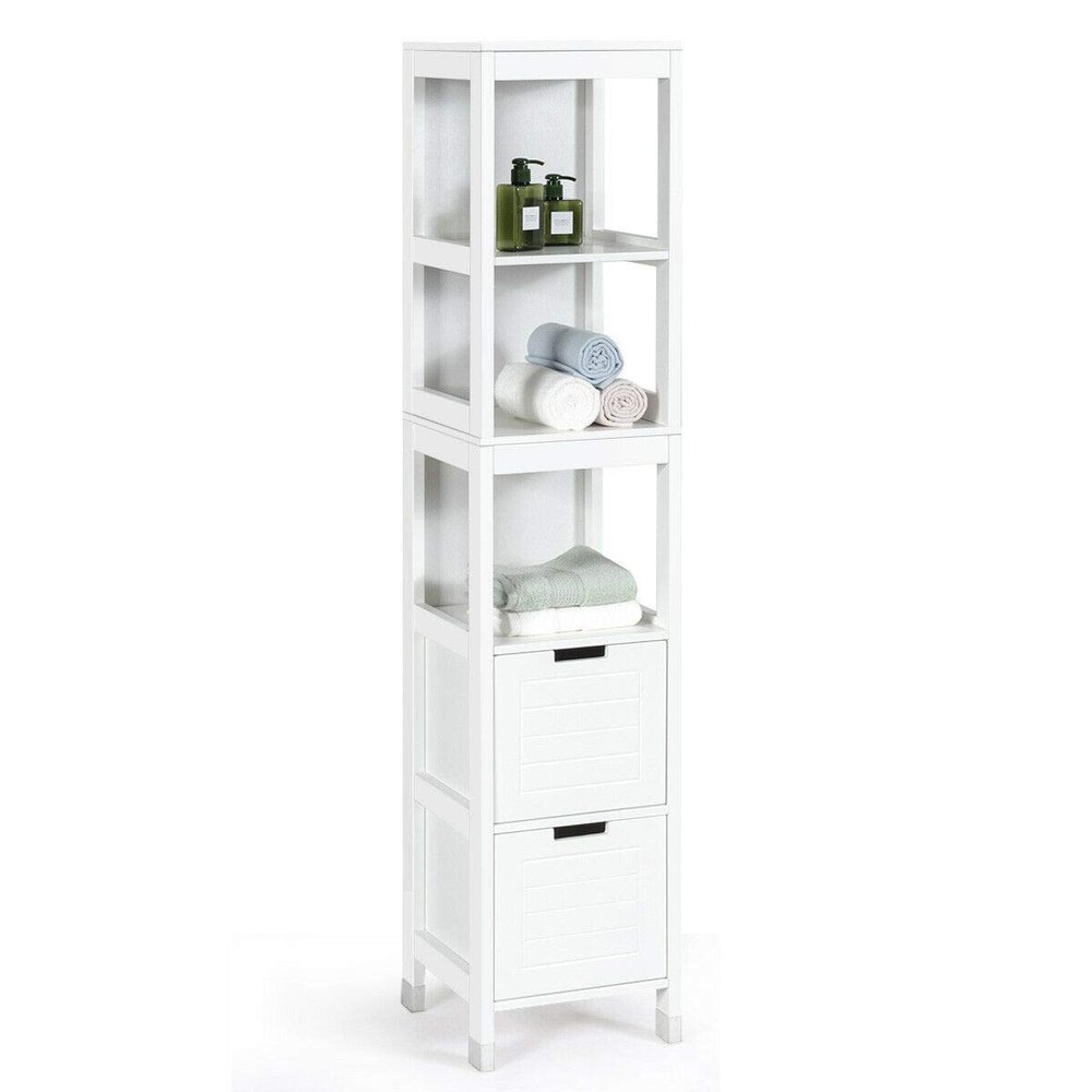 Tangkula Tall Bathroom Storage Cabinet, Freestanding 57" H Tall Slim Bathroom Floor Cabinet with 3 Tier Open Shelves and 2 Drawers, Multifunction Organizer Wooden Tower (White)
