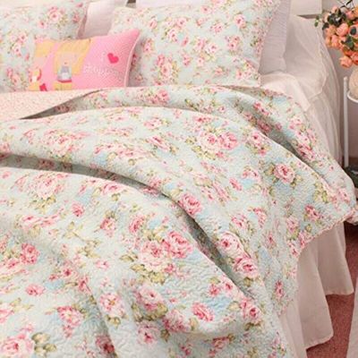 Kolachic 3 PCS Country Cottage Floral Bedspread Quilt Coverlet Patchwork 100% Cotton Light Blue Queen Size