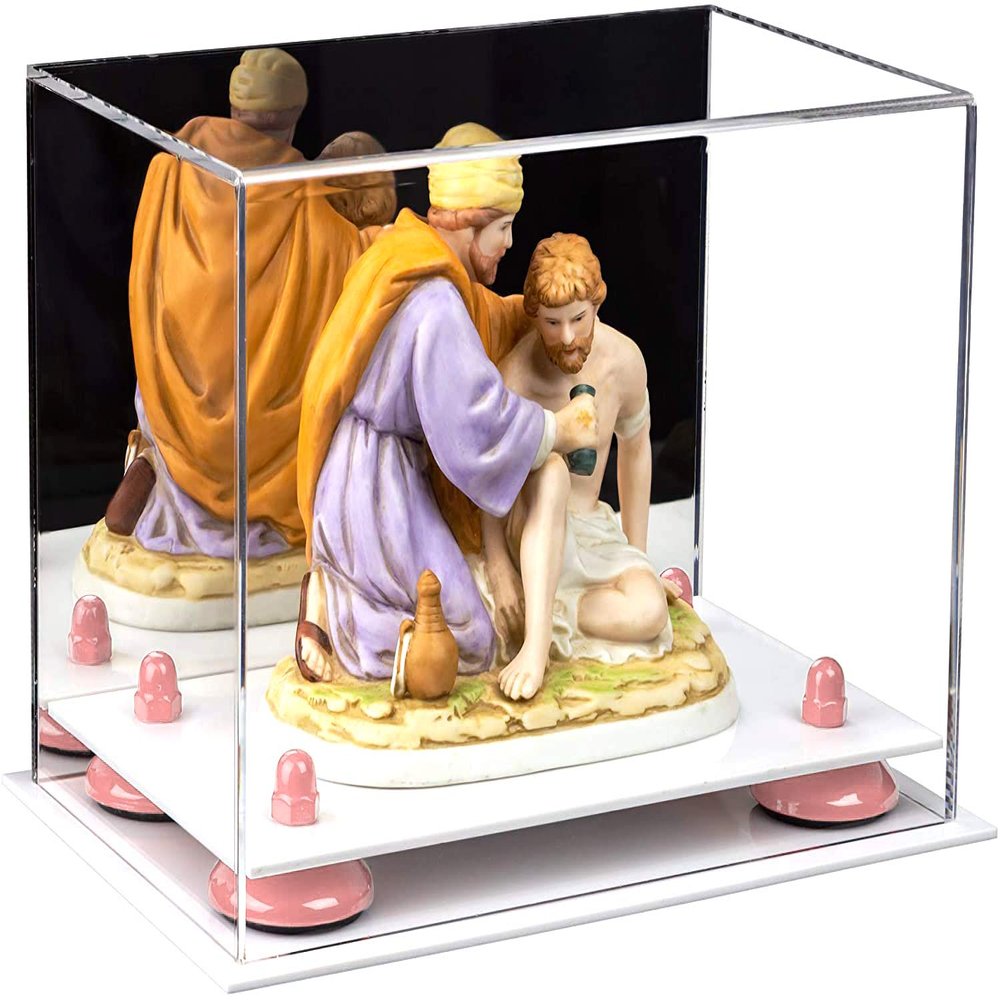 Better Display Cases Versatile Acrylic Display Case - Small Rectangle Box with Mirror, Pink Risers and White Base 9.5" x 6" x 6.5" (A005-PNR)