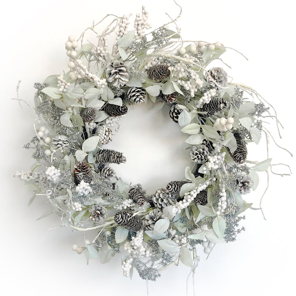 Birch Wreath with White Berries, Iced Pine Cones, Holly Leaf, Branch - 26" Winter Christmas Wreath for Front Door or Indoor Wall Window Thanksgiving Decor