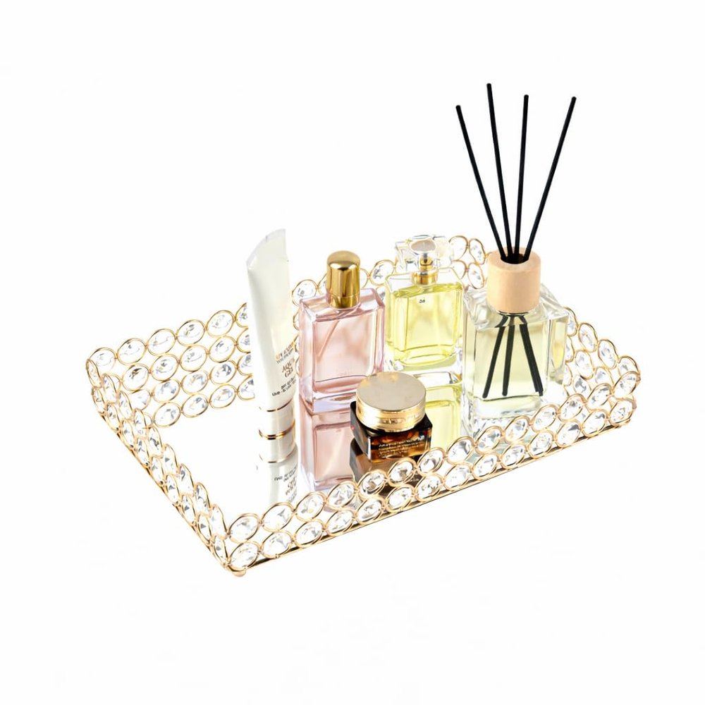 Feyarl Mirrored Crystal Vanity Makeup Tray Ornate Jewelry Trinket Organizer Cosmetic Perfume Bottle Decorative Tray Home Deco Dresser Skin Care Storage (Rectangle 12" x 8")