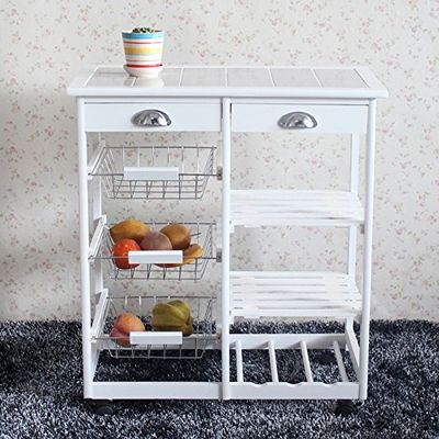 Rolling Wood and Metal Kitchen Cart Island Storage Cocktail Cart Rack/Storage Drawers/Baskets Dining Stand with Two Drawers & Two Wine Racks & Three Baskets (Iron White)
