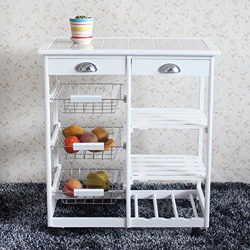 Rolling Wood and Metal Kitchen Cart Island Storage Cocktail Cart Rack/Storage Drawers/Baskets Dining Stand with Two Drawers & Two Wine Racks & Three Baskets (Iron White)