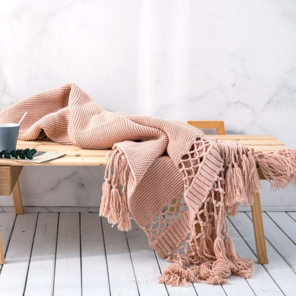 49x71inch Hand Knitted Fringe Wool Throw Blanket Lightweight Sofa Bed Couch Decorative Pink Blanket Crochet Cable Acrylic Blanket Photo Prop Family Friend Xmas Gift