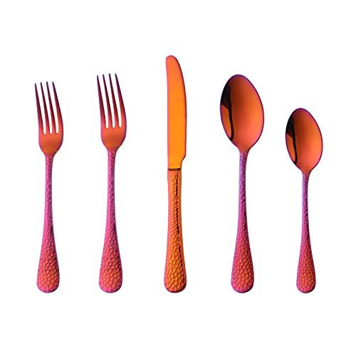 Bisda Silverware Set, 20 Piece Premium 18/8 Stainless Steel Hammered Kitchen Utensil Flatware Cutlery Sets of 4, Mirror Polish, Dishwasher Safe (20-Magic Red)