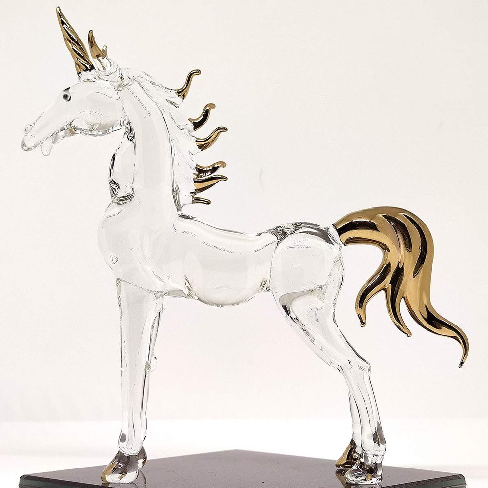 Sansukjai Unicorn Miniature Figurines Hand Blown Glass Art Fantasy Animals Collectible Gift Home Dcor (5 inches Clear Gold)