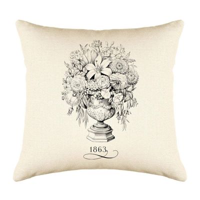 Di Lewis Vintage Floral Throw Pillow Cushion Cover - 20x20 - Decorative French Flowers 1863 - Woven Cotton Blend  Couch, Bed, Sofa - Linen Cream