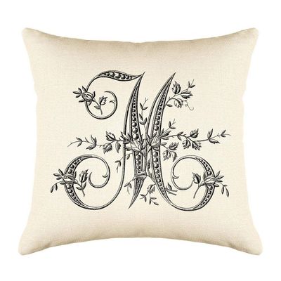 Di Lewis Throw Pillow Cushion Cover - 20x20 - Vintage French Monogram Letter M - Woven Cotton Blend - for Couch Bed Sofa Pillows - Linen Cream