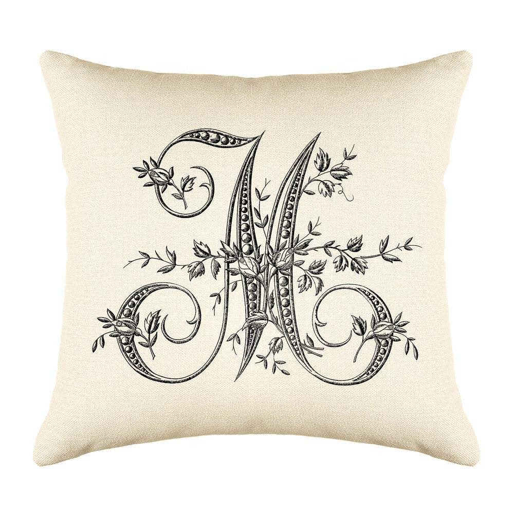 Di Lewis Throw Pillow Cushion Cover - 20x20 - Vintage French Monogram Letter M - Woven Cotton Blend - for Couch Bed Sofa Pillows - Linen Cream