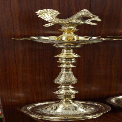 Tangerine Mahabharat Diya || Kuthu Vilakku || Oil Lamp|| Brass Diya Traditionally Designed Nakasi with Annapakshi/Peacock - Item Qty 1 pc(Height- 18 inch)