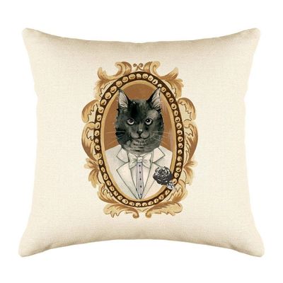 Di Lewis Black Cat Throw Pillow Cushion Cover - 20x20 - Decorative Vintage Portrait - Woven Cotton Blend - for Couch Bed Sofa Pillows - Linen Cream