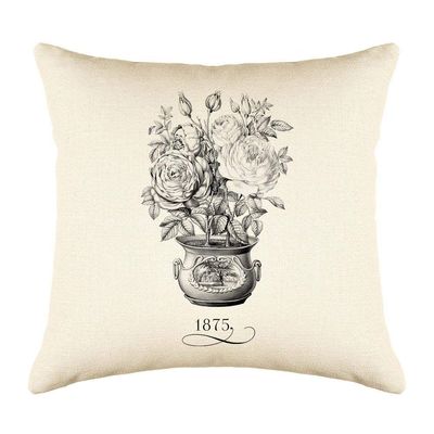Di Lewis Vintage Floral Throw Pillow Cushion Cover - 20x20 - Decorative French Flower Pot 1875 - Woven Cotton Blend  Couch, Bed, Sofa - Linen Cream