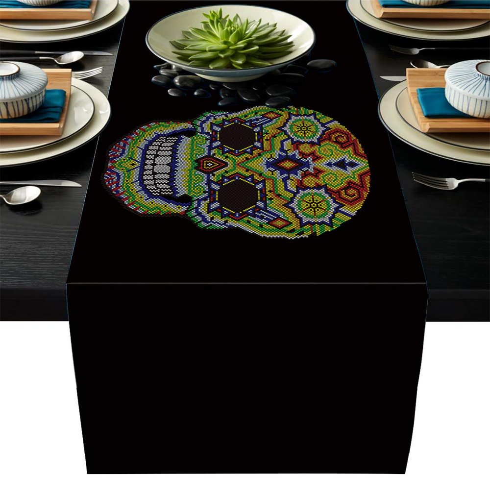 Gothic Style Table Runner 18x72inch Cotton Linen Runners for Kitchen Dining Living Room Wedding PartyTable Decor, Embroidery Skull Black Backdrop