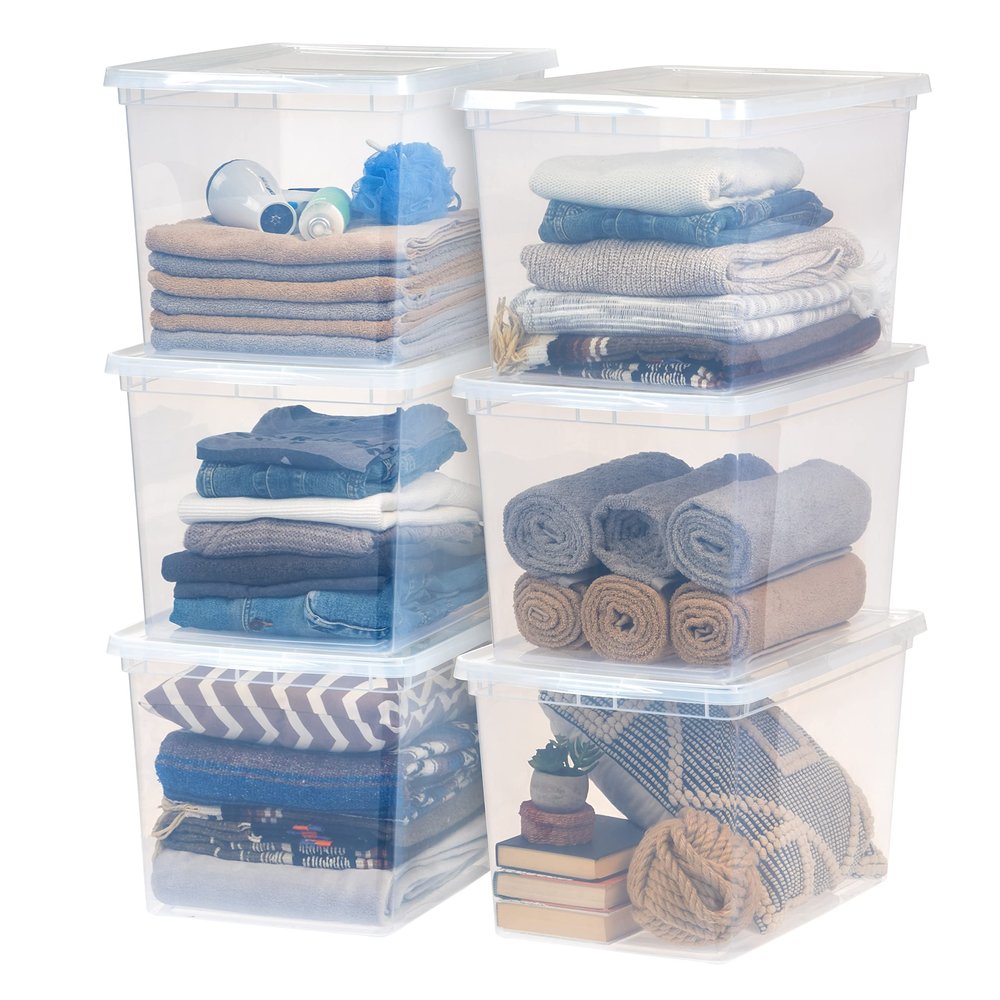 IRIS USA 6-Pack Storage Bins with Lids, 68 Quart, Clear Stackable Containers Box Organize Shoes Closet Shelves Clothes Blankets Towels - BPA-Free Plastic