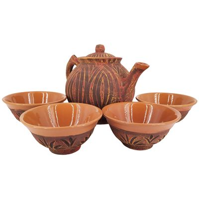 Beautiful Handmade Uzbek 5-Piece Brown Clay Tea Set 33.8 Oz Teapot With Four 6.7 Oz Cups Uzbekistan Pottery Traditional Products + FREE Uzbek Food Recipe Ebooks