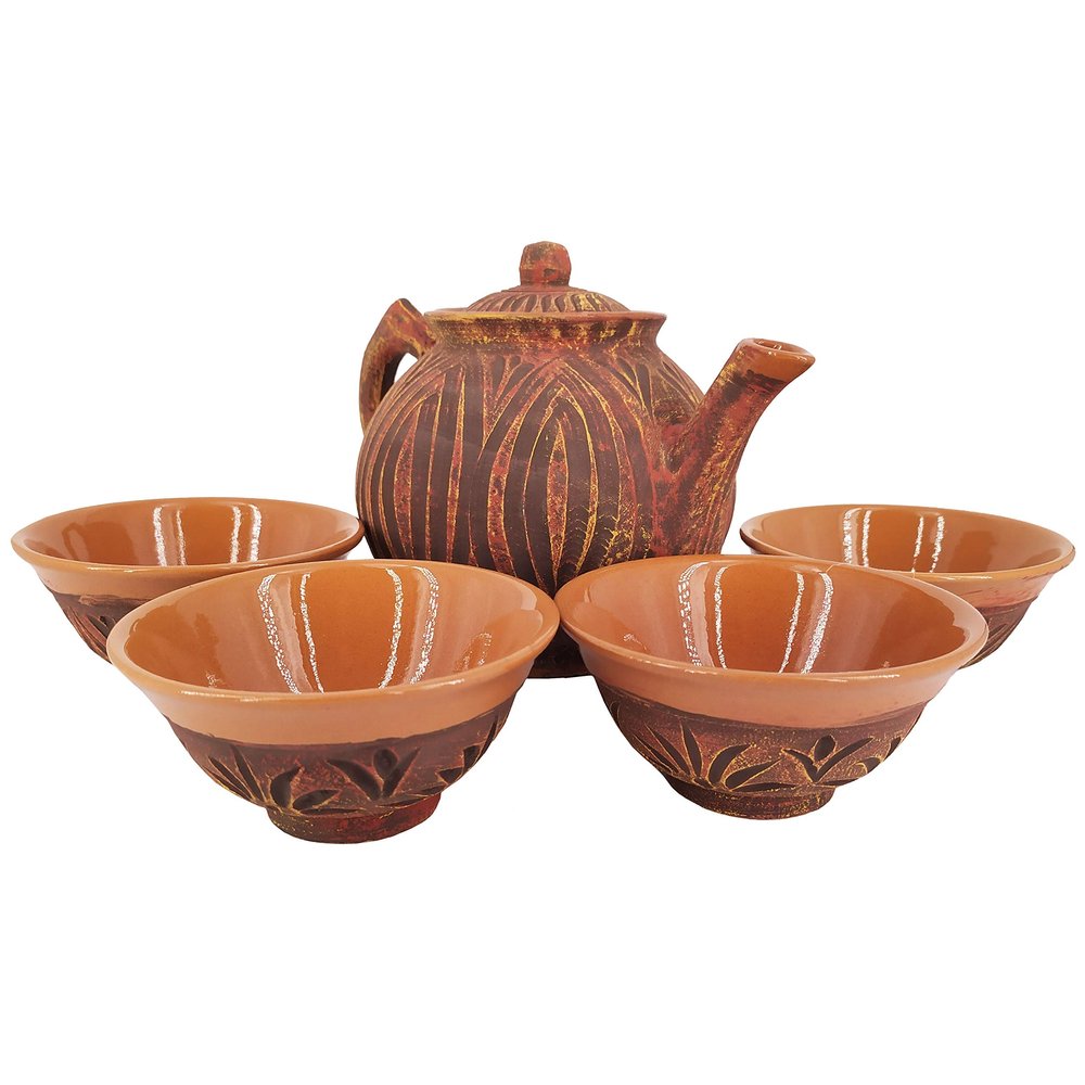 Beautiful Handmade Uzbek 5-Piece Brown Clay Tea Set 33.8 Oz Teapot With Four 6.7 Oz Cups Uzbekistan Pottery Traditional Products + FREE Uzbek Food Recipe Ebooks