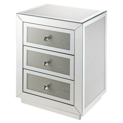Acme Noralie Glass Nightstand with 3 Drawers in Mirrored and Faux Diamonds
